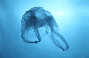 A plastic bag floating under water.