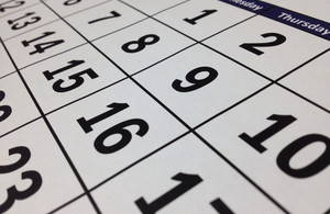 Calendar showing dates by day