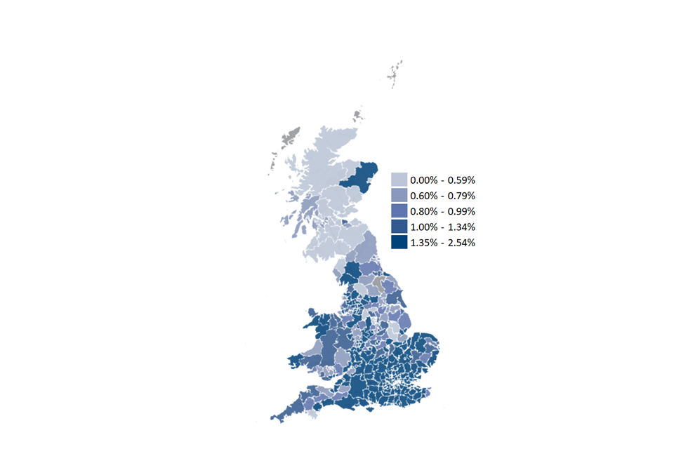 A map showing the proportion of UC households that are capped, across LAs. Darker areas represent LAs with a higher proportion of capped households