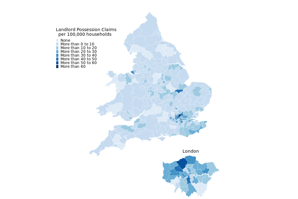 Mortgage possession Claims per 100,000 households, April to June 2020 (Source: map.csv; see supporting guide)