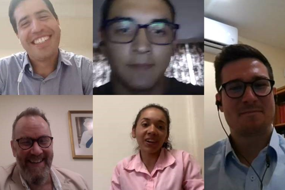 Officer cadets Susy Benítez, Osvaldo Solís, and Cadet Matías González in a video call with Ambassador Matthew Hedges and Deputy Head of Mission John Davie