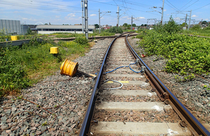 Rails with sleepers showing derailment marks on the approach to Willesden High Level Junction (after track restoration)