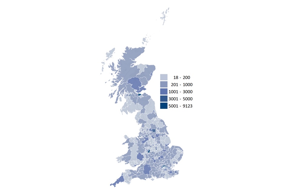 Most registrations are shown to be in London, and other large urban areas