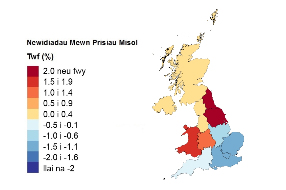 A heat map showing monthly price changes by country and government office region (in Welsh).