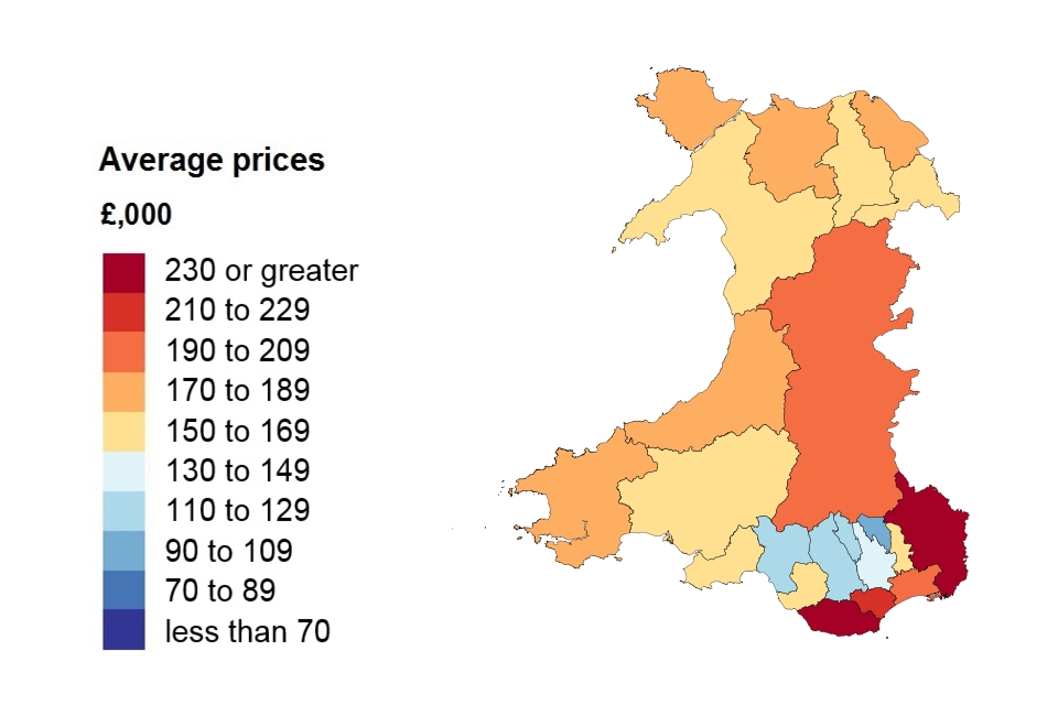 A heat map showing the average price by local authority for Wales.