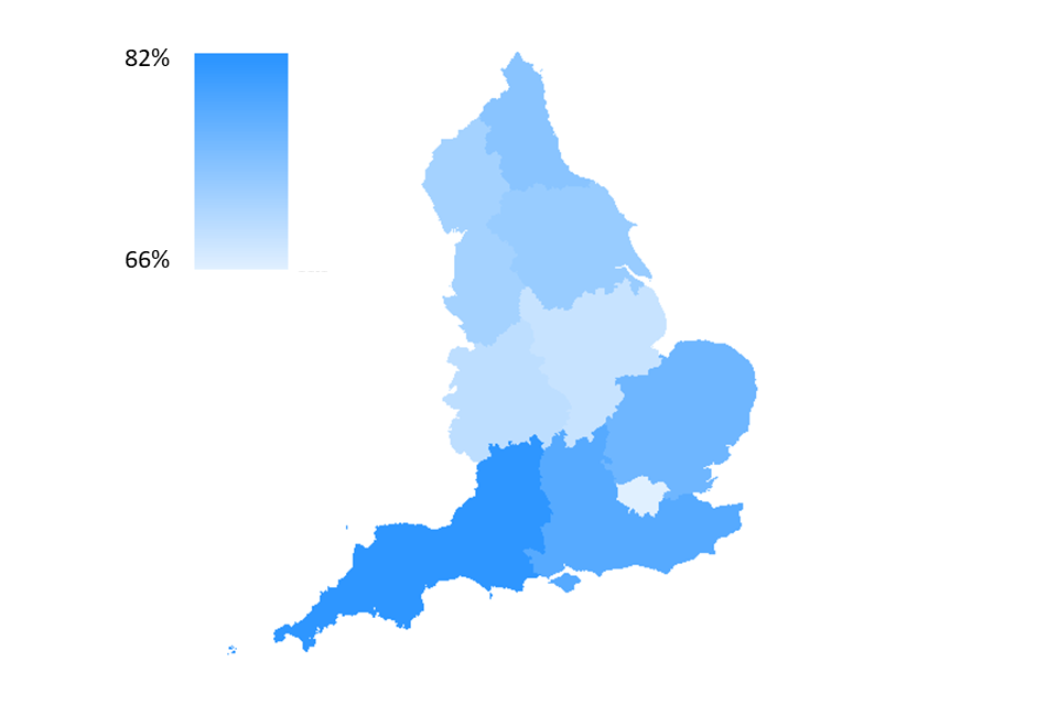 Map of England showing the percentage of respondents who have visited a heritage site in the last 12 months