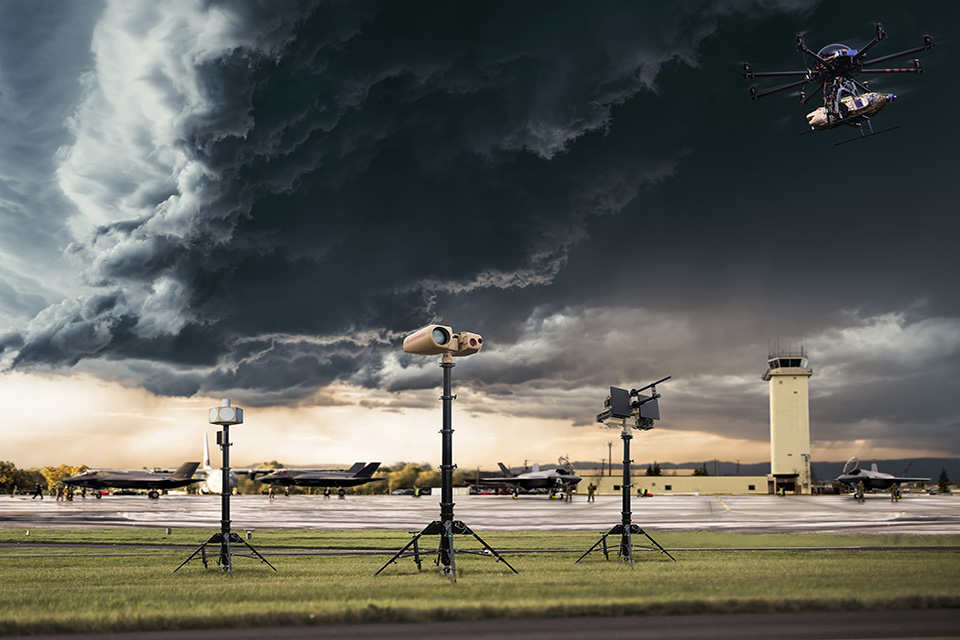 a ORCUS counter-drone equipment in front of a lightning sky.