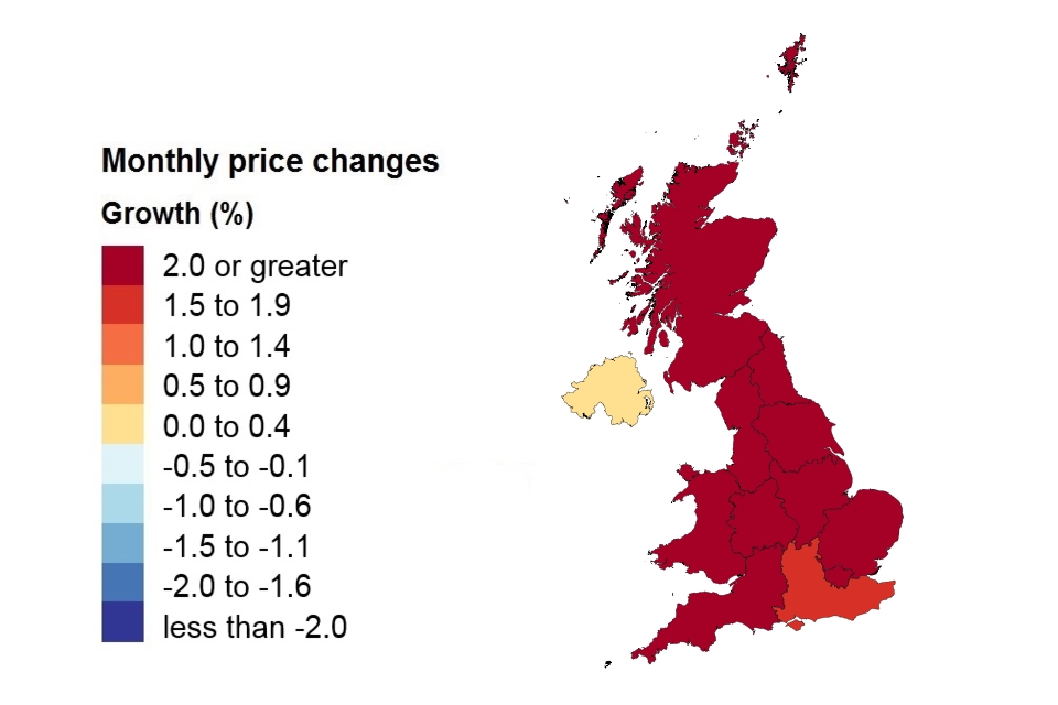 A heat map showing monthly price changes by country and government office region.