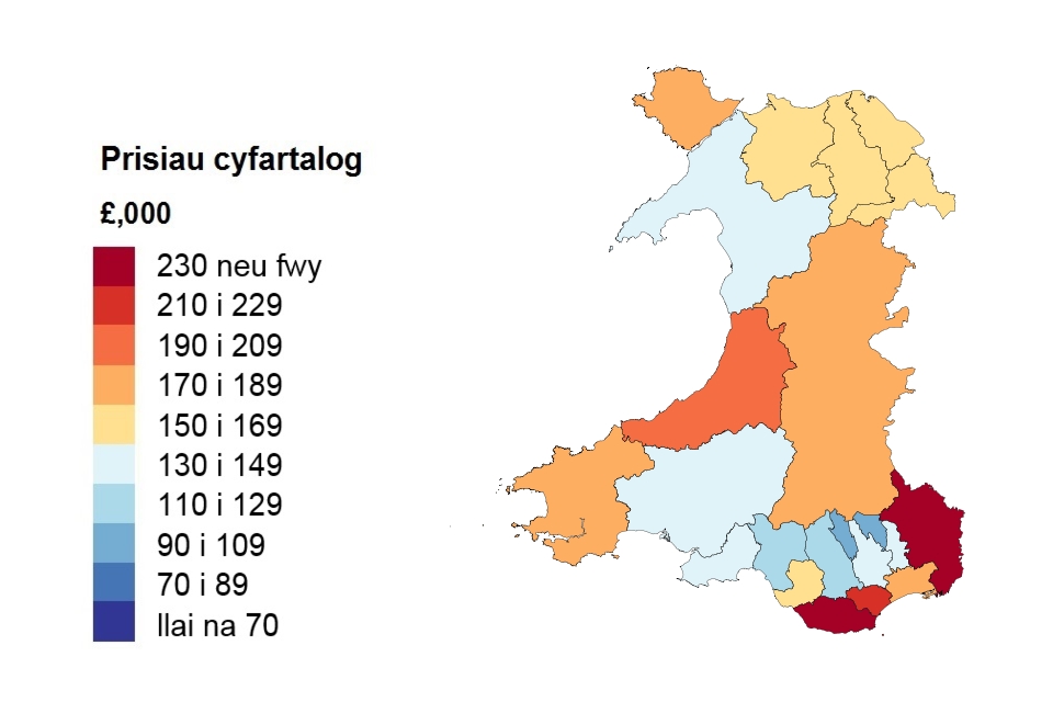 A heat map showing the average price by local authority for Wales (in Welsh).