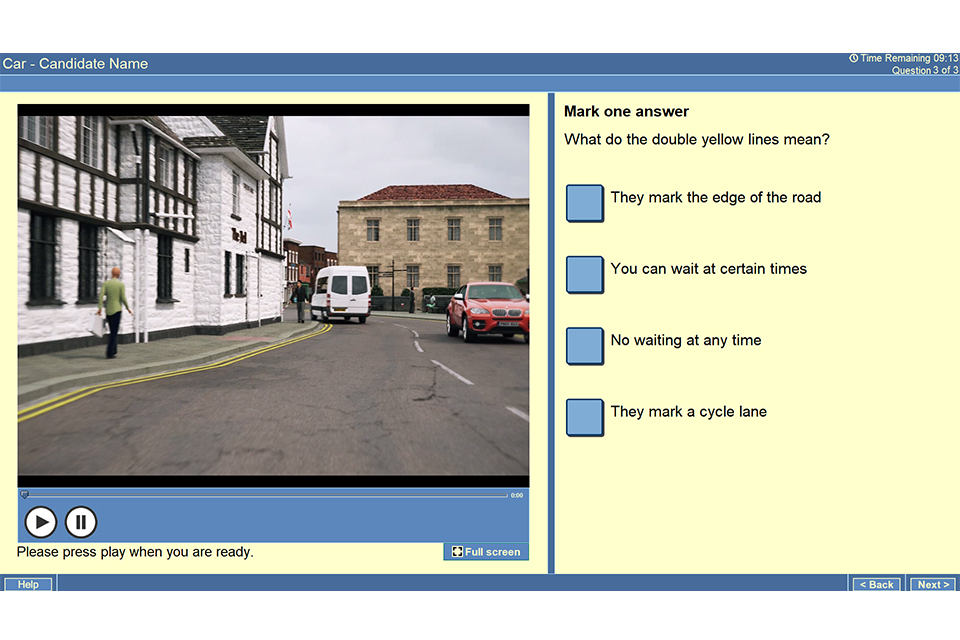 Screenshot of theory test question showing a van parked on double yellow lines with the question "What do double yellow lines mean?" and 4 multiple-choice answers