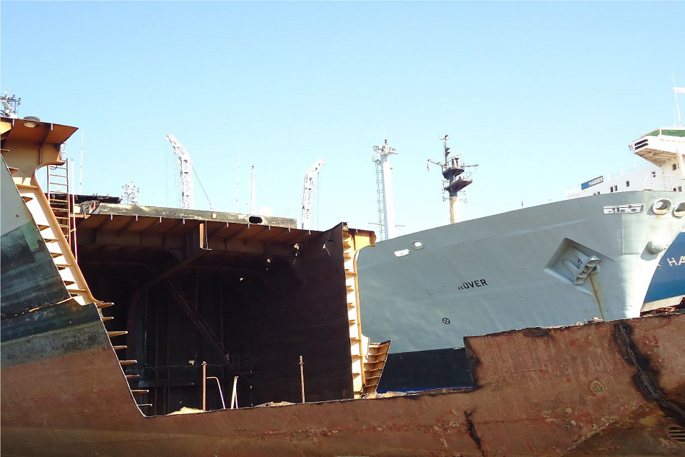 Shot from with the deck of the ship showing the sides and top removed. 