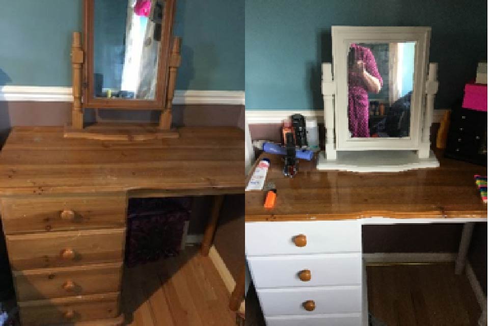 Before and after photographs of a dresser that has been ‘upcycled’ through the #LockDownChallenge 