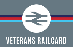 Veterans railcard logo. Grey background the word Veterans railcard written in white on the top.