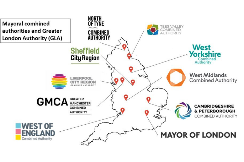 A map showing the combined authorities and Greater London.
