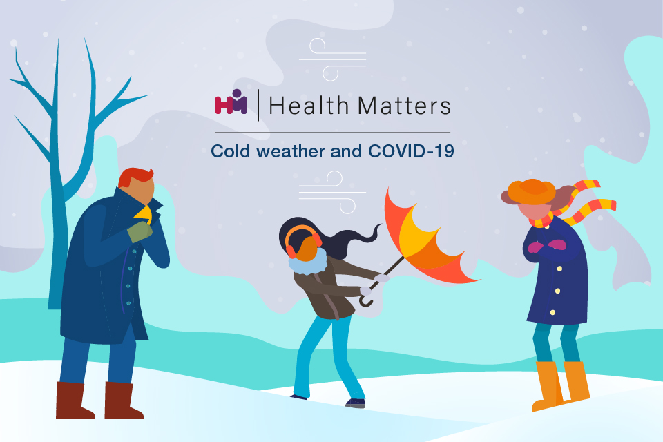 Cover image for Health Matters edition on cold and COVID-19 showing people reacting to cold weather