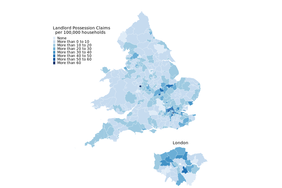 Map of landlord claims per 100,000 households in English and Welsh regions, with number of claims indicated by colour.