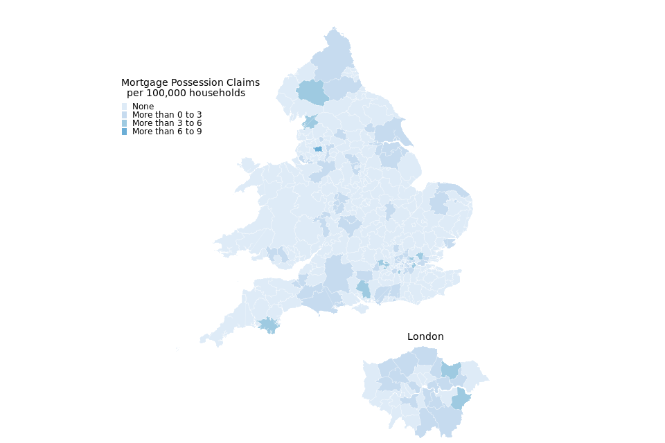 Map of mortgage claims per 100,000 households in English and Welsh regions, with number of claims indicated by colour.