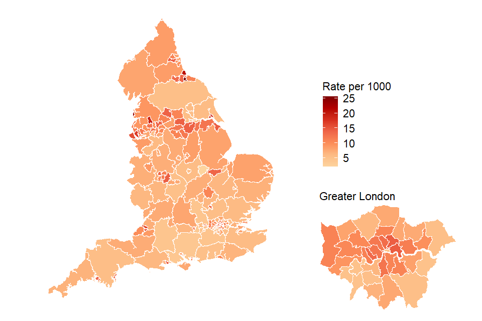 Map of England divided by each local authority's rate of opiate and crack use estimates in 2016 to 2017.