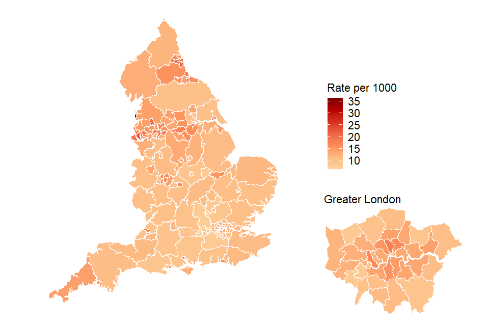 Map of England divided by each local authority's rate of alcohol dependency estimates in 2017 to 2018.