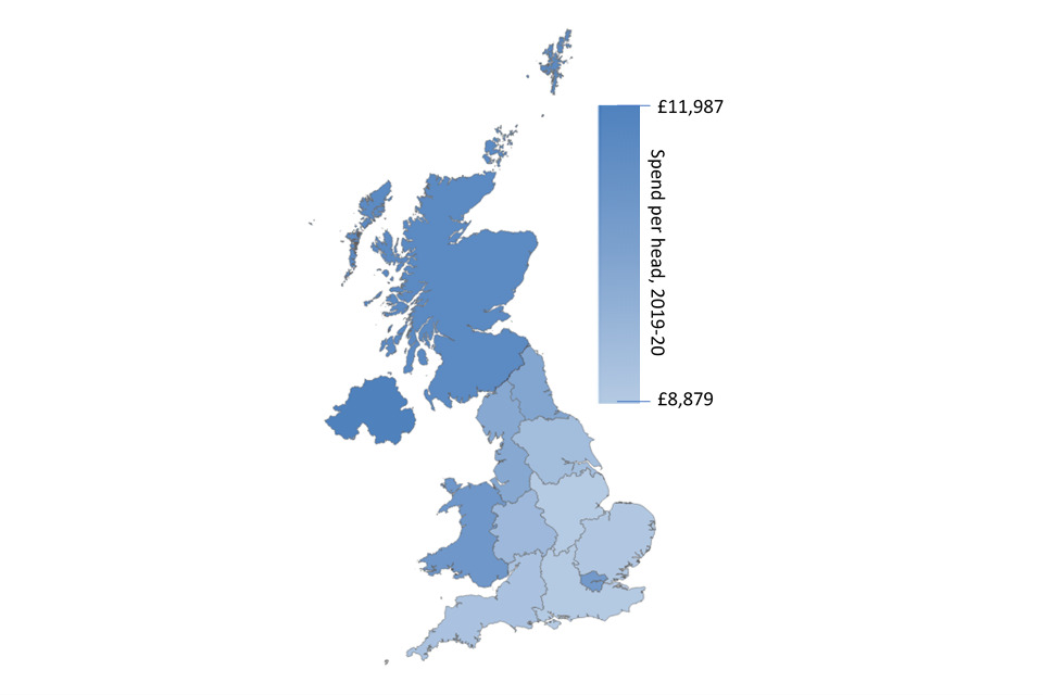 A map showing total expenditure on services, per head, in 2019-20 by UK NUTS region