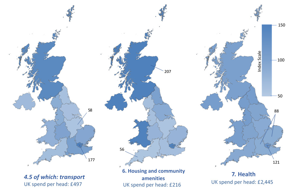 Maps based on Table A.16: UK identifiable expenditure by function, country and region, per head, indexed, 2019-20