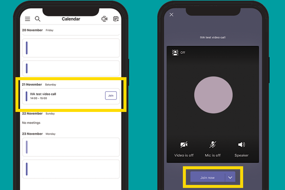 2 phone screenshots. The 1st screen shot shows how to open the appointment in your calendar and select join to start the video call. The Second screen shot shows how to turn mic and camera and click join now to start the video call. 
