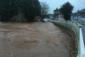 High river levels next to the road in Tenbury Wells, February 2020