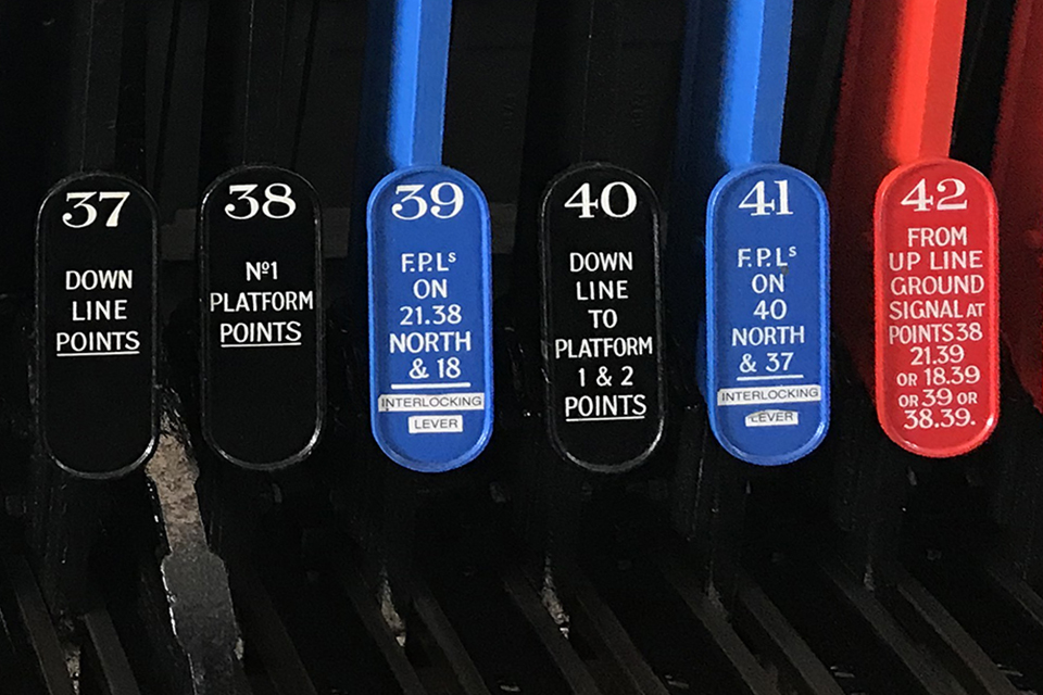 Example of the labelling on the blue facing point lock levers in Bognor Regis signal box