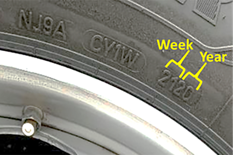 An image of a tyre sidewall showing a 4 digit date code to indicate date of manufacture. The first 2 digits indicate the week number in which the tyre was manufactured and the last 2 digits the year.