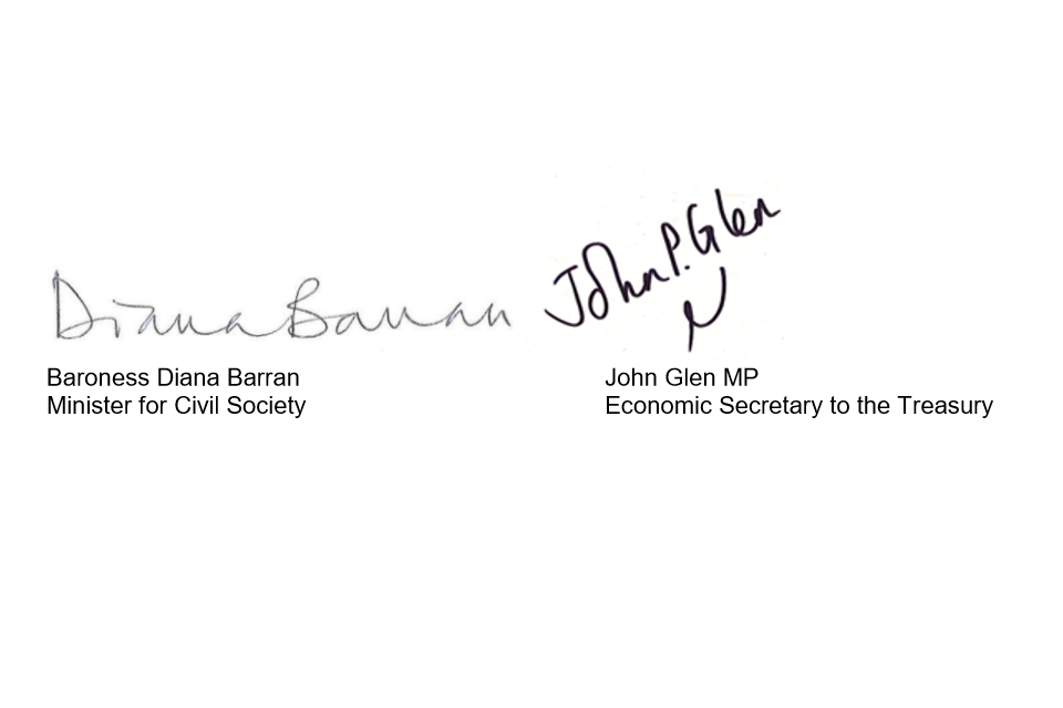 Signatures of Baroness Diana Barran, Minister for Civil Society, and John Glen MP, Economic Secretary to the Treasury