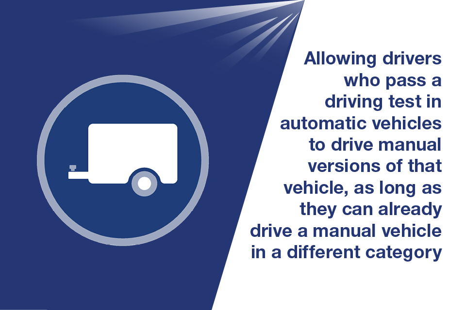 Allowing drivers who pass a driving test in automatic vehicles to drive manual versions of that vehicle, as long as they can already drive a manual vehicle in a different category