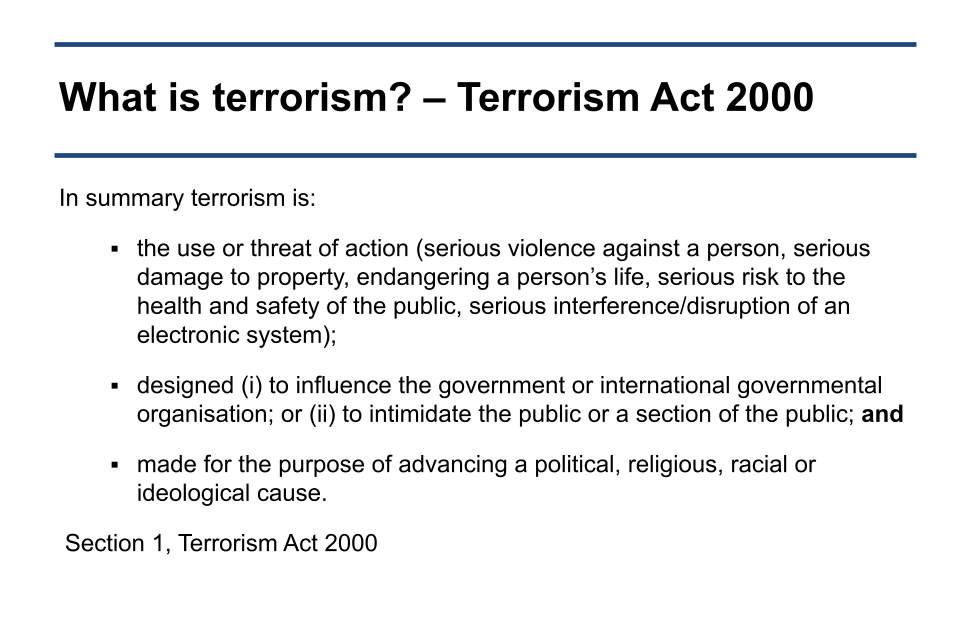 Image of slide 5: What is terrorism? Terrorism Act 2000