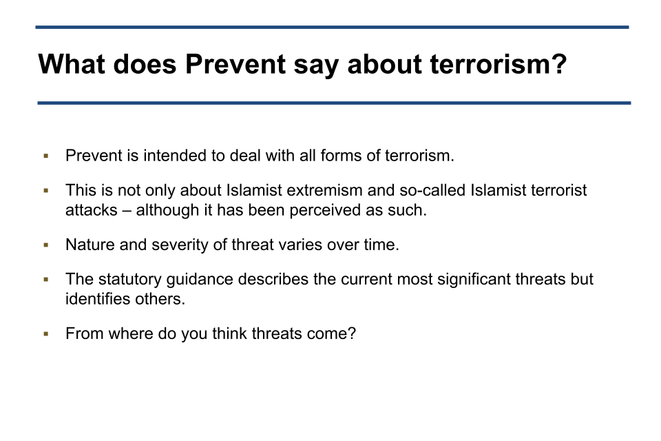 Image of slide 6: What does Prevent say about terrorism?