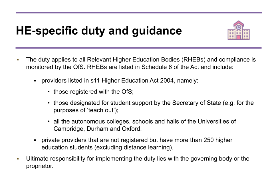 Image of slide 17: HE-specific duty and guidance