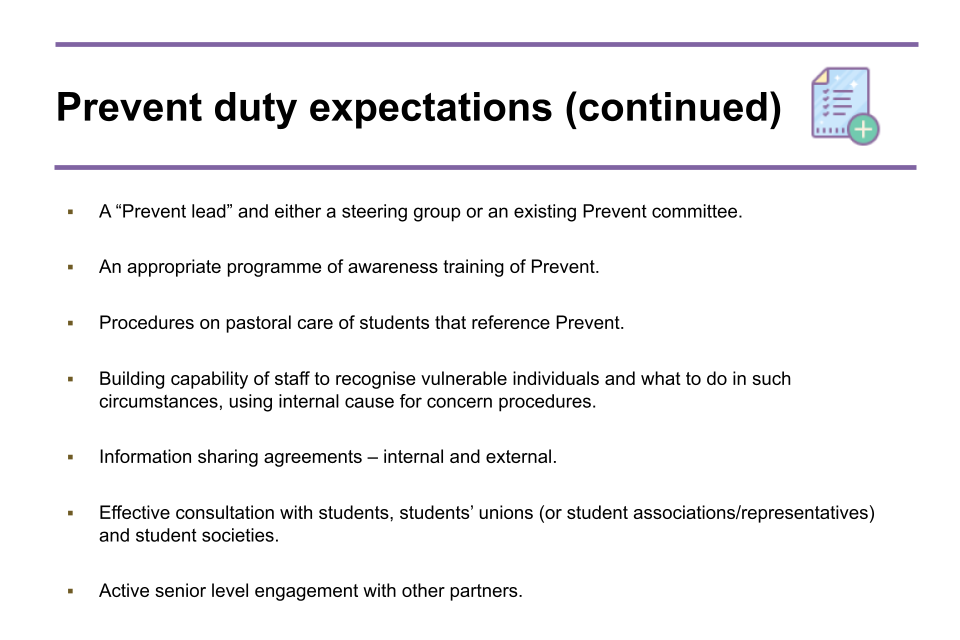 Image of slide 21: Prevent Duty expectations (continued)