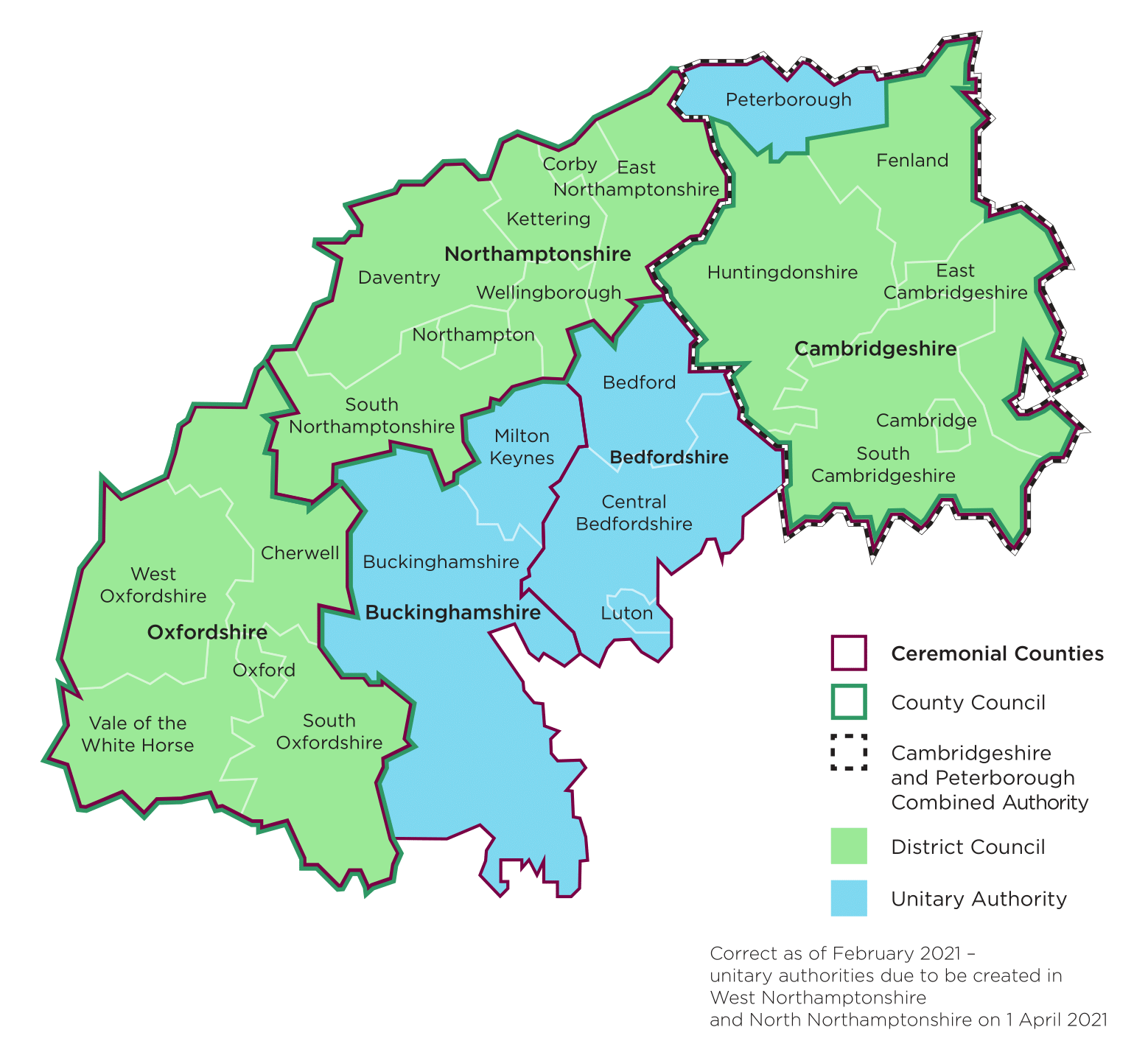 OxCam map showing Bedfordshire, Buckinghamshire, Cambridgeshire, Northamptonshire, Oxfordshire and Peterborough labels the ceremonial counties, county councils, district councils, unitary authorities and Cambridgeshire and Peterborough Combined Authority