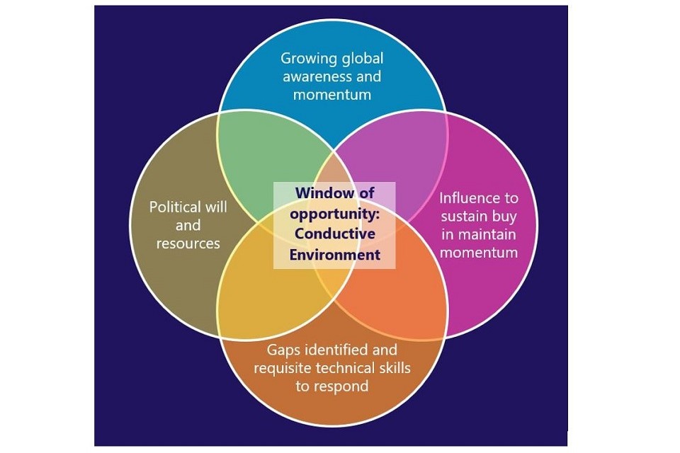 4 overlapping circles for: growing global awareness and momentum, influence to sustain buy in maintain momentum, gaps identified and requisite technical skills to respond, political will and resources