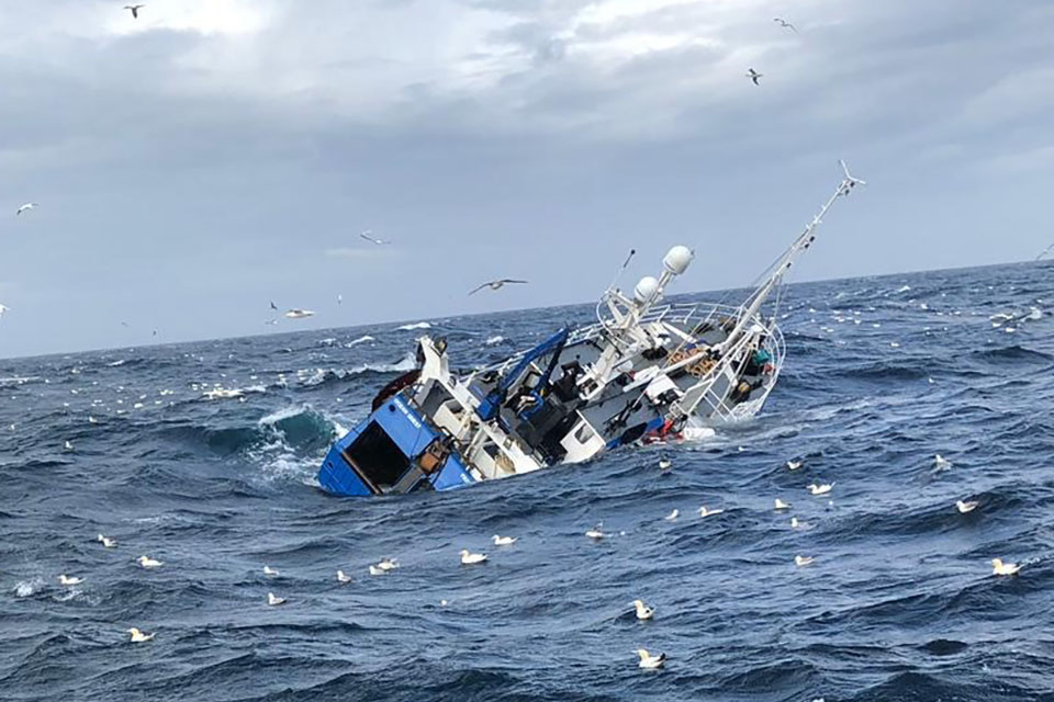 Fishing vessel Ocean Quest listing heavily to starboard and sinking