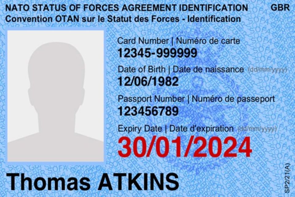 Example of  a The North Atlantic Treaty Organisation (NATO) Status of Forces Agreement Identity card.  