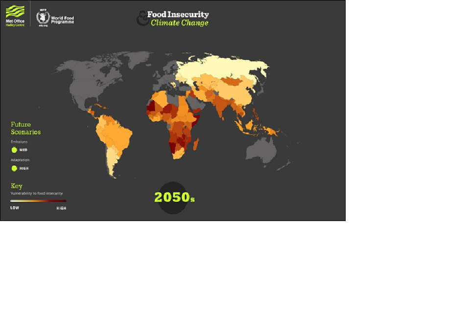 Map of the world illustrating vulnerability of countries to food insecurity. The darker the colour on the map the higher the insecurity.