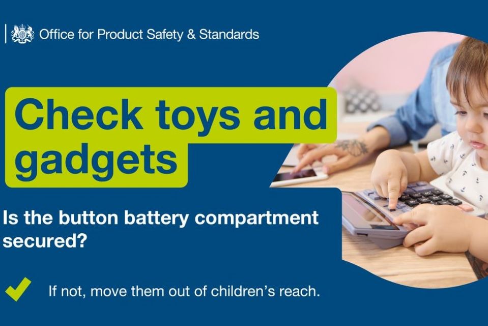 Check the battery compartment is secure message with picture of small child with electronic device
