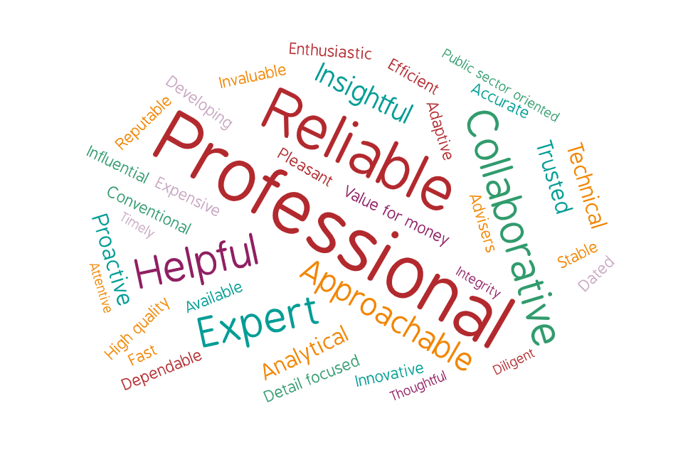 GAD client survey word cloud showing Professional, Reliable, Approachable, Expert.