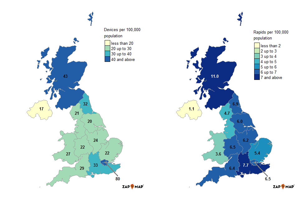 Map 1 shows the UK regions, with devices per 100000 population. Map 2 shows UK regions, with rapid devices per 100000.  