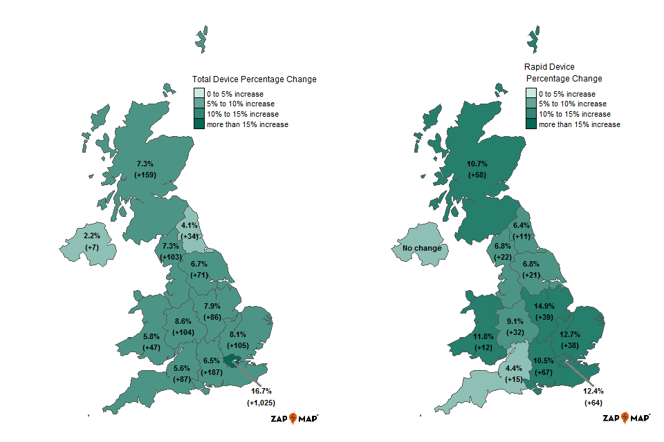 Map 3 shows UK regions, quarterly growth in percentages for all devices. Map 4 shows UK regions, quarterly growth in percentages for rapid devices. 