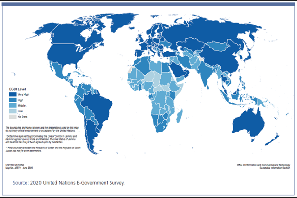 Map of the world showing the ranking of countries on the UN E-Government Development Index. The scale is from dark blue, very high on the Index to pale blue, low on the Index, grey is no data.