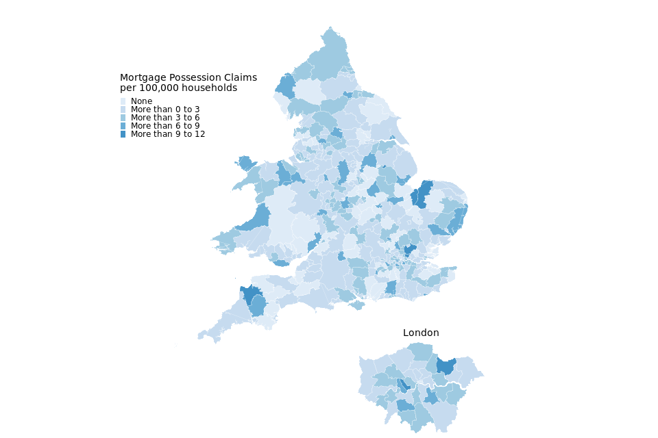 Figure 5: Mortgage possession claims per 100,000 households, January to March 2021 (Source: map.csv; see supporting guide)