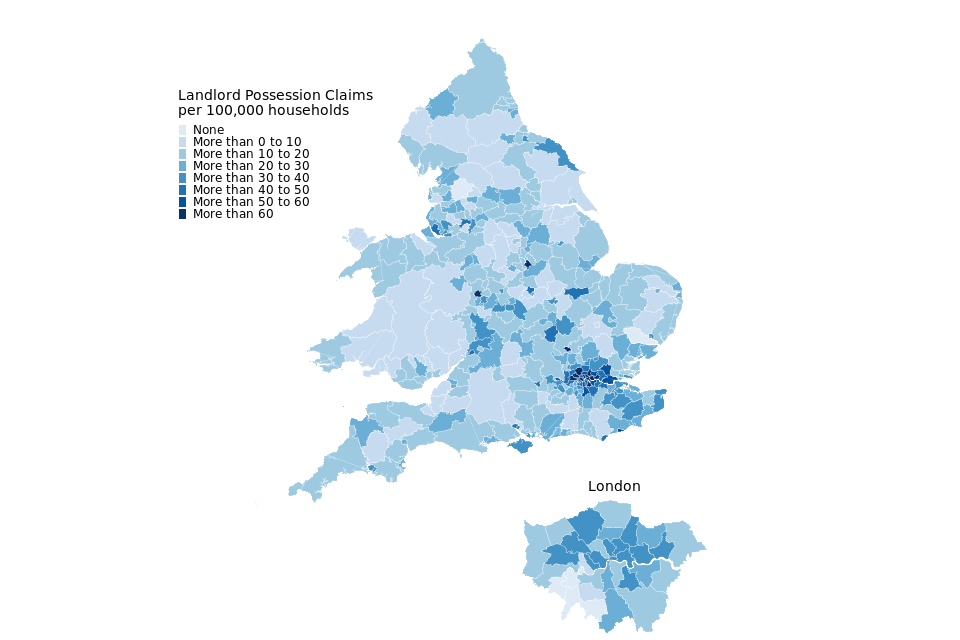 Figure 6: Landlord possession Claims per 100,000 households, January to March 2021 (Source: map.csv; see supporting guide)