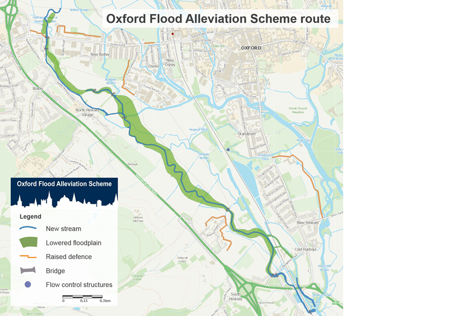 A map showing the route of Oxford Flood Alleviation Scheme. It begins north of Botley Road and ends south of the A423 near Kennington, where it joins the River Thames.