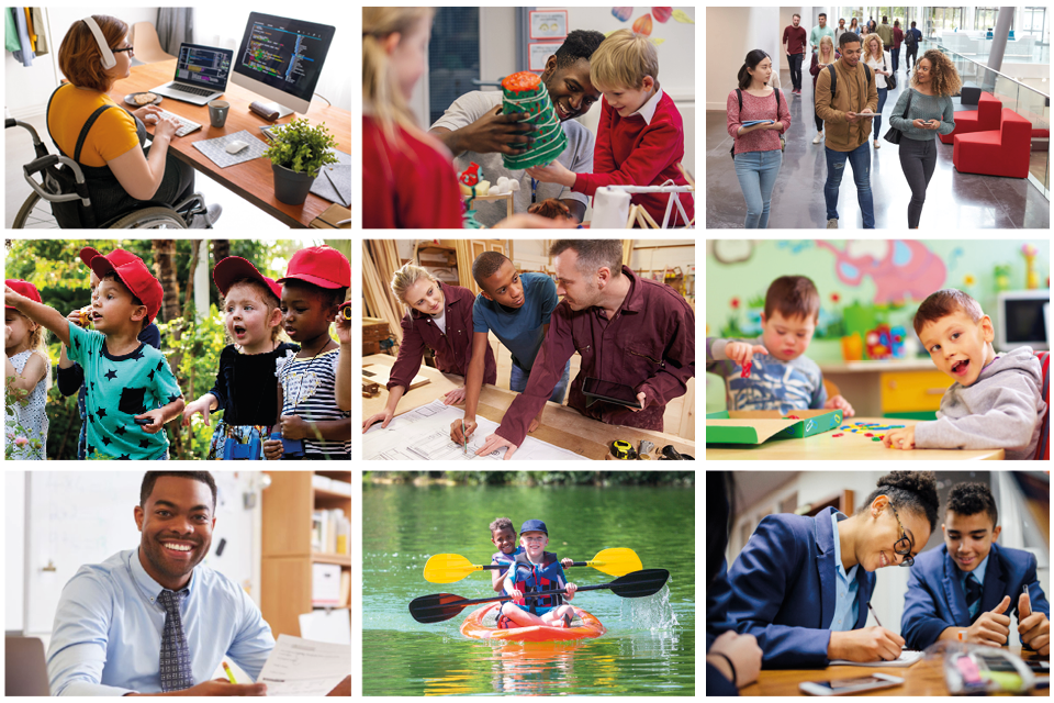 montage of images including a student in a wheelchair, primary class, university students, primary school children, apprentices, young children with SEND, teacher, pupils kayaking, and secondary students