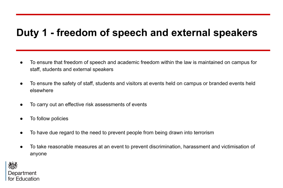 An image of slide 14: duty 1 - freedom of speech and external speakers